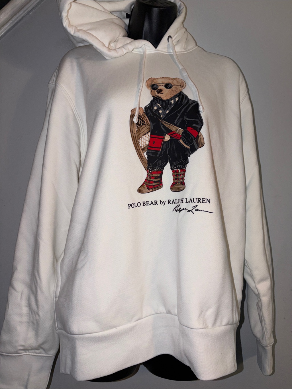 Ralph Lauren White Polo Bear Pullover Hoodie With Black & Red Accents